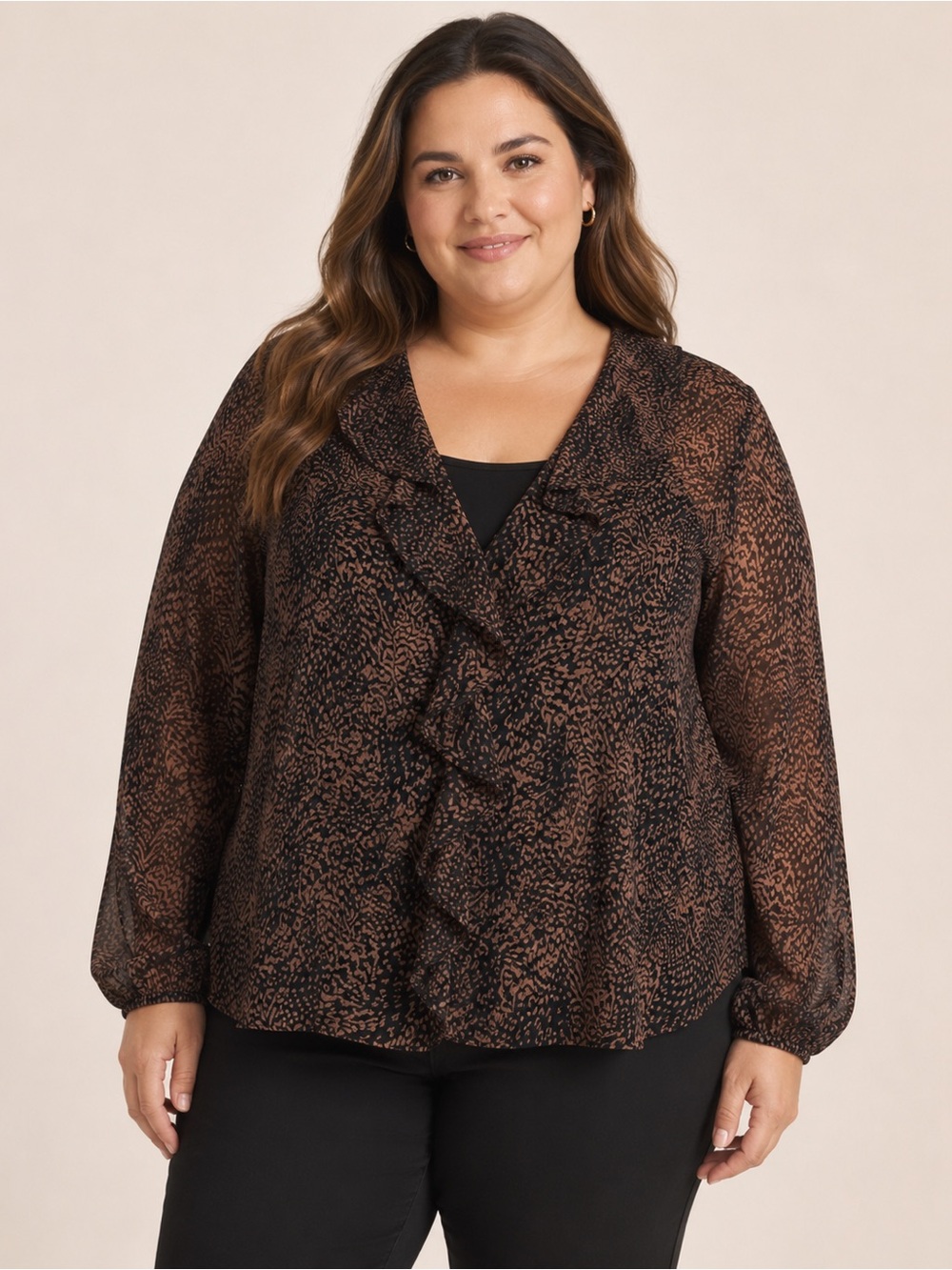 Vintage Chico’s Design Silk Sheer Ruffle Blouse Brown Black Animal Print